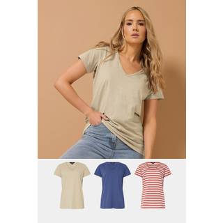 Lts Tall 3 Pack Blue & Coral Orange Stripe Vneck Tshirts 20 Lts | Tall Women's Women's Multipack Tops & Vests