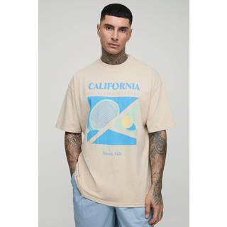 Mens Sand Tall Oversized California Tennis Club Print T-Shirt