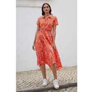 Yumi Yumi Orange Leaf Print Dip Hem Midi Shirt Dress - EU 40 (UK 12)
