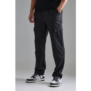 Mens Black Elasticated Waist Straight Leg Cargo Smart Trousers