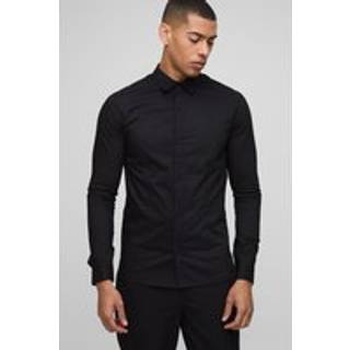 Mens Black Stretch Fit Basic Long Sleeve Collared Shirt
