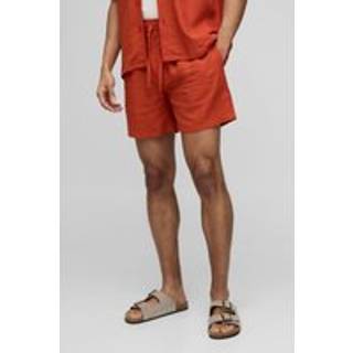 Mens Burnt Orange Half & Half Waistband Relaxed Fit Linen Blend Shorts