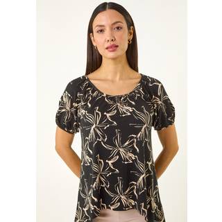 Roman Roman Black Leaf Print Asymmetric Stretch Tunic Top