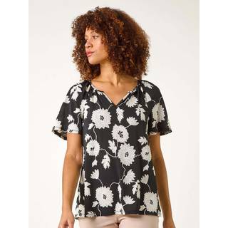 Roman Roman Black Textured Floral Print V-Neck Stretch Top