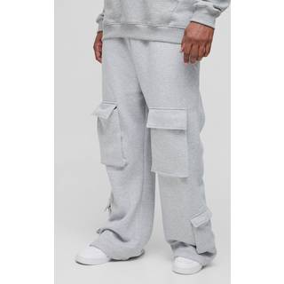 Mens Grey Plus Heavyweight Relaxed Flare Cargo Joggers