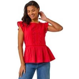 Roman Roman Red Broidery Frill Sleeve 100% Cotton Top