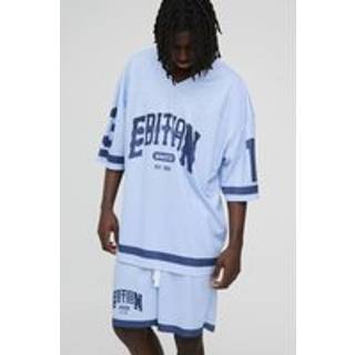 Mens Light Blue Oversized Edition V Neck Mesh T-Shirt & Short Set