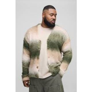 Mens Green Plus Oversized Boxy Brushed Stripe Knitted Cardigan