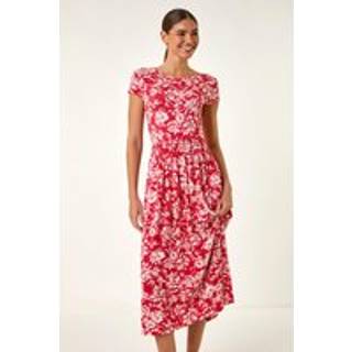 Roman Roman Red Floral Print V-Neck Ruched Midi Dress