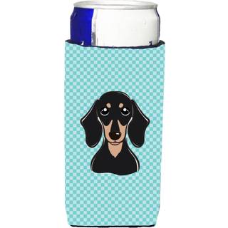 Checkerboard Blue Black and Tan Dachshund Ultra Beverage Isulators til slanke dåser