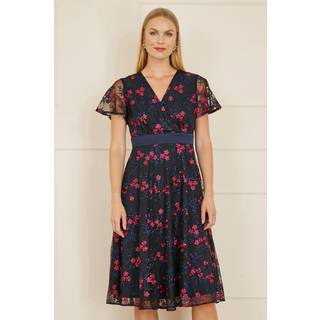 Yumi Broderet Blomster Tryk Mesh Wrap Midi Skater KjoleEU 42 (UK 14)