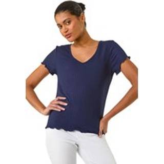 Roman Roman Blue V-Neck Textured Lettuce Edge Top