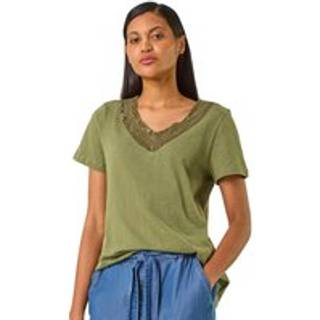 Roman Roman Green 100% Cotton Sequin Trim V-Neck Stretch Top