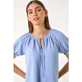 Roman Roman Blue Shirred Tie Front Neck Blouse