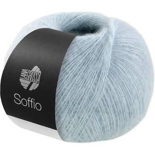 Lana Grossa Soffio 13 Lyseblå Indhold: 60% merinould, 30% bomuld, 10% cashmere Vægt/Længde: 25 g = ca. 215 meter Anbefalede pinde: 3.5-4 mm Strikkefasthed: 10 x 10 cm = 29 m x 35 p Vask: Håndvask / Tørres fladt.