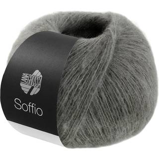 Lana Grossa Soffio 14 Mørkegrå Indhold: 60% merinould, 30% bomuld, 10% cashmere Vægt/Længde: 25 g = ca. 215 meter Anbefalede pinde: 3.5-4 mm Strikkefasthed: 10 x 10 cm = 29 m x 35 p Vask: Håndvask / Tørres fladt.