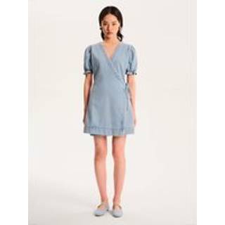 Omnes 100% Cotton Mikayla Puff Sleeve Wrap Mini Dress in Denim42