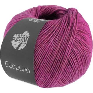 Lana Grossa Ecopuno 209 Orkidé Indhold: 72% bomuld, 17% ren ny merinould, 11% baby alpaca Vægt/Længde: 50 g = ca. 215 meter Anbefalede pinde: 4-4.5 mm Strikkefasthed: 10 x 10 cm = 24 m x 30 p Vask:Håndvask / Tørres fladt.