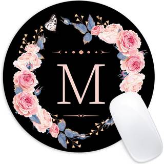 Brev M Sort og lyserøde blomster rundt om musepude sjov lille musepude med ikke-skridsig