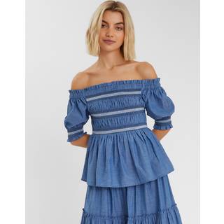 Accessorize Accessorize Blue Off The Shoulder Smocked 100% Cotton Top