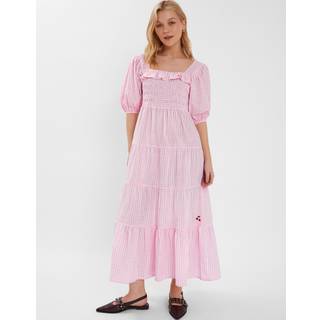 Accessorize Accessorize Pink Cherry Gingham Puff-Sleeve Maxi 100% Cotton Dress