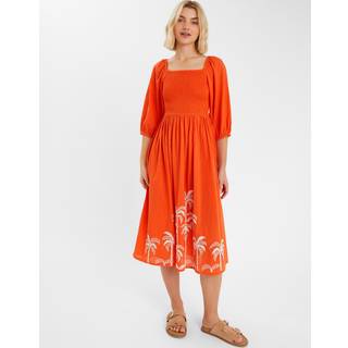 Accessorize Accessorize Orange Palm Embroidered Puff Sleeve Midi Dress