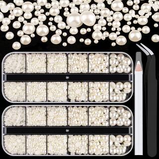 Belleboost Flat Back Pearls Kits 2 Kasser med fladback Beige Half Round Pearls med pickup blyant og pincet til hjemmet DIY og professionel neglek