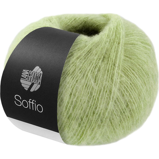 Lana Grossa Soffio 21 Lys grøn Indhold: 60% merinould, 30% bomuld, 10% cashmere Vægt/Længde: 25 g = ca. 215 meter Anbefalede pinde: 3.50-4.00 mm Strikkefasthed: 10 x 10 cm = 29 m x 35 p Vask: Håndvask / Tørres fladt.