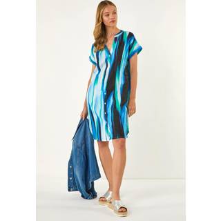 Roman Roman Blue Abstract Printed 100% Linen Shift Dress