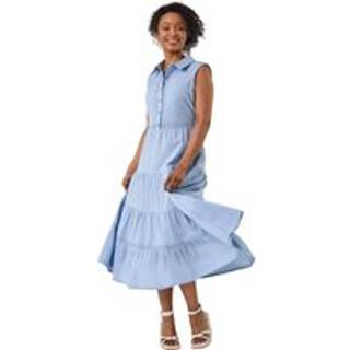 Roman Roman Blue 100% Cotton Pocket Tiered Midi Dress