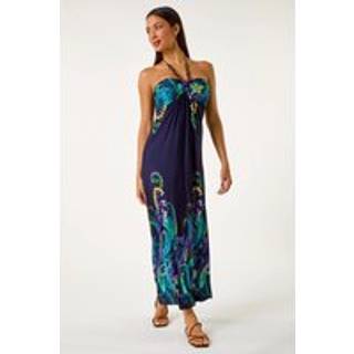 Roman Roman Blue Paisley Beaded Necklace Bandeau Maxi Dress