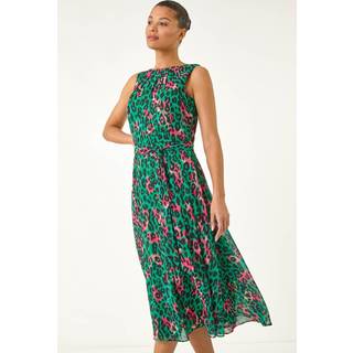 Roman Roman Green Animal Print Pleated Midi Dress
