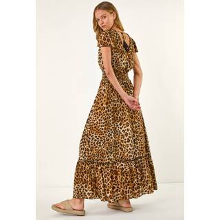 Roman Roman Brown Animal Print Shirred Maxi Dress