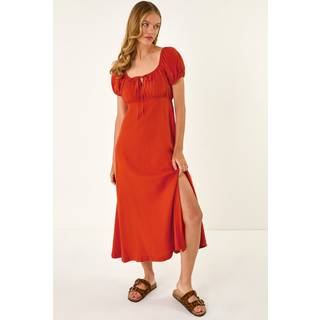 Roman Roman Orange Puff Sleeve Mix Midi Dress