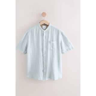 Next Grey Grandad Collar Cotton Linen Blend Short Sleeve Shirt
