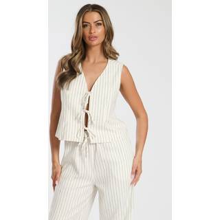 South Beach South Beach Cream Stripe Linen Blend Tie Front Waistcoat