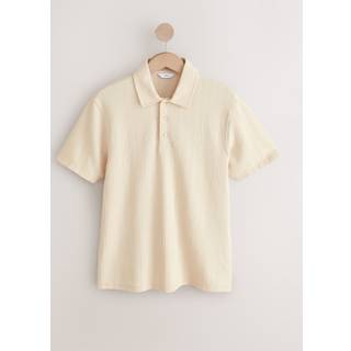 Next Ecru Regular Fit Textured Button Neck 100% Cotton Polo Shirt