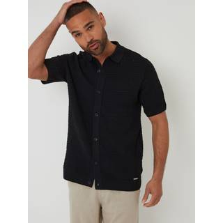 Threadbare Threadbare Black Textured Knitted Button Through Polo Shirt - xlarge