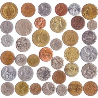 10 olika mynt med djur fåglar skalbaggar fiskar kräftdjur insekter blötdjur araknider reptiler däggdjur