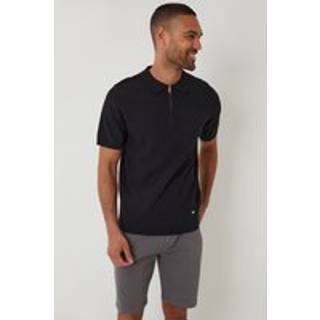 Threadbare Threadbare Black Textured Front Quarter Zip Knitted Polo Shirt