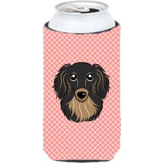 Checkerboard Pink Longhair Black and Tan Dachshund Tall Boy Beverage Isulator Hugger