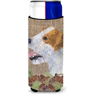 Jack Russell Terrier p? imiteret burlap med fyrrekogler Ultra drikkevareisolatorer til slanke d?ser SS4093MUK
