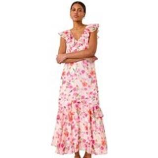 Roman Roman White Floral Print Frill Chiffon Midi Dress