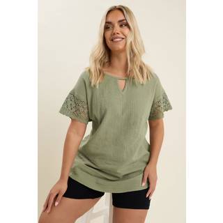Yours Curve Yours Curve Green Crochet Cheesecloth 100% Cotton T-Shirt