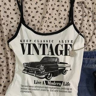 TEMU Y2k Retro Car Print Sleeveless Cami Top For Women - "keep Classic " Design, White With Black Straps, Machine Washable, Casual Wear