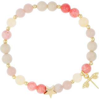 DARK Stone Bead Bracelet 6 mm With Gold Beads & Charm Pink & Yellow Mix