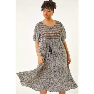 Roman Roman Black Curve Tassel Trim Printed Dress