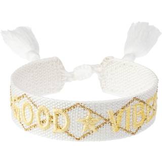 DARK Woven Friendship Bracelet  "Good Vibes" White With Pale Yellow & Gold