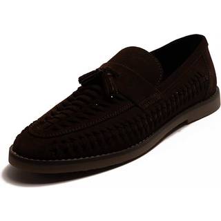 Off The Hook Off The Hook Brown Tiger Tassel Suede Leather Slip-On Loafers with Woven Detail
