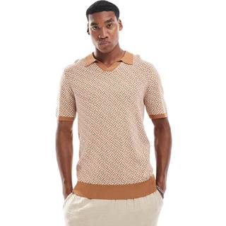Threadbare Threadbare Brown Jacquard Geo Trophy Neck Knitted Polo Shirt
